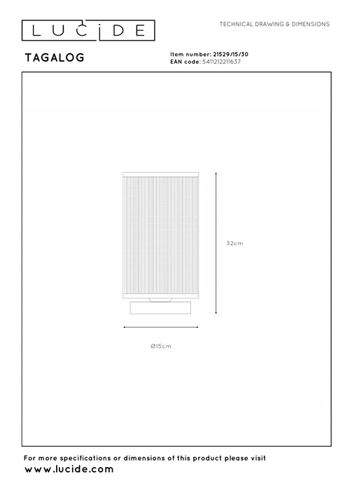 Lucide TAGALOG - Tafellamp - Ø 15 cm - 1xE27 - Zwart - technisch